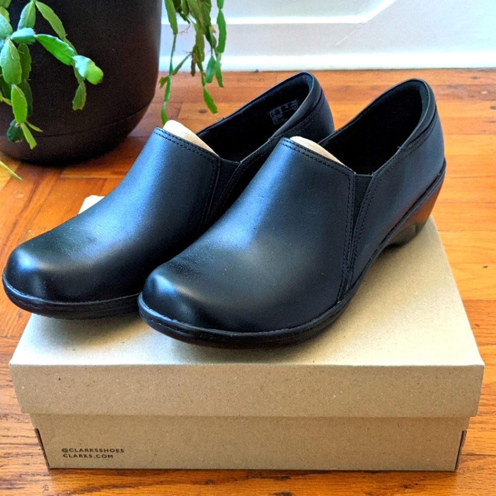 Clarks: Black Wedge Loafer (Slip-resistant) Size 9